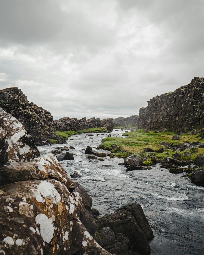 Oxara river in Thingvellir National Park, Drekkingarhylur can be seen in the distance.
